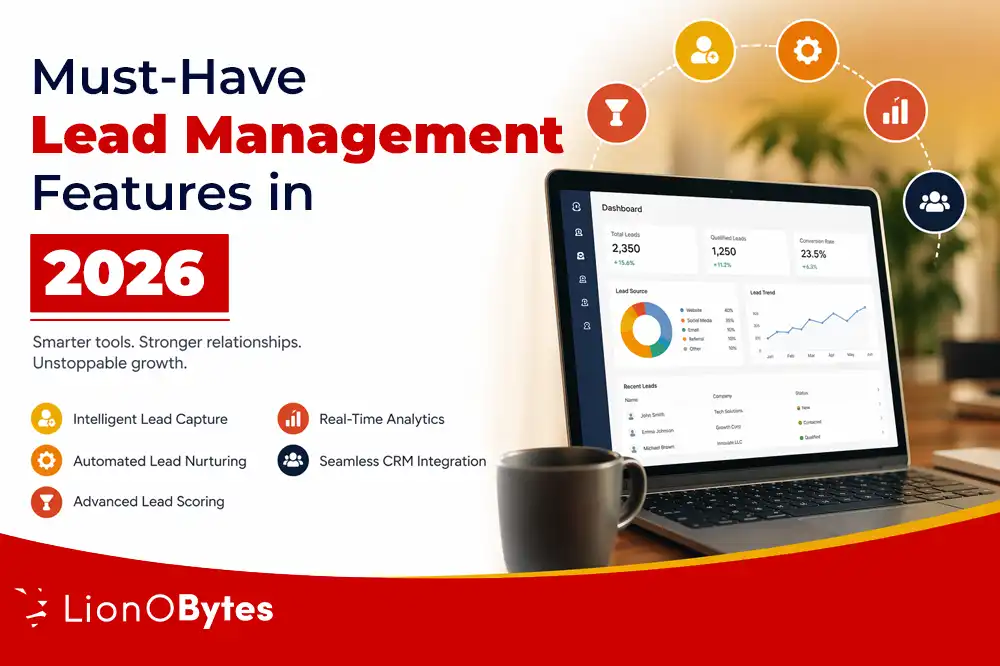 Laptop showing LionO360 CRM dashboard with lead management software interface for sales teams.